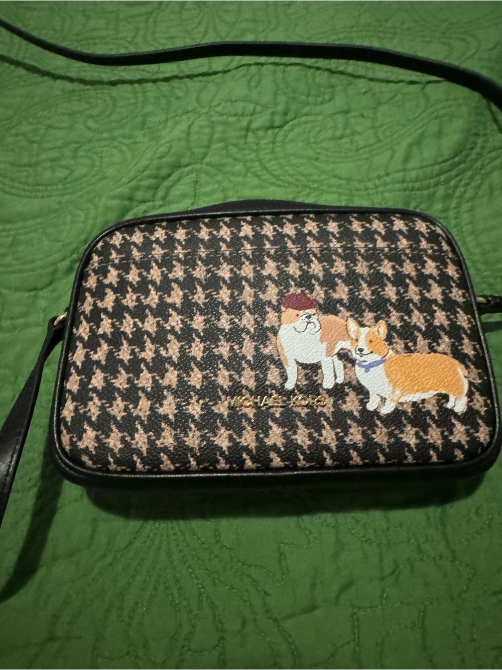 Michael Kors Houndstooth Crossbody Bag with Embroidered Corgis in Black and Tan